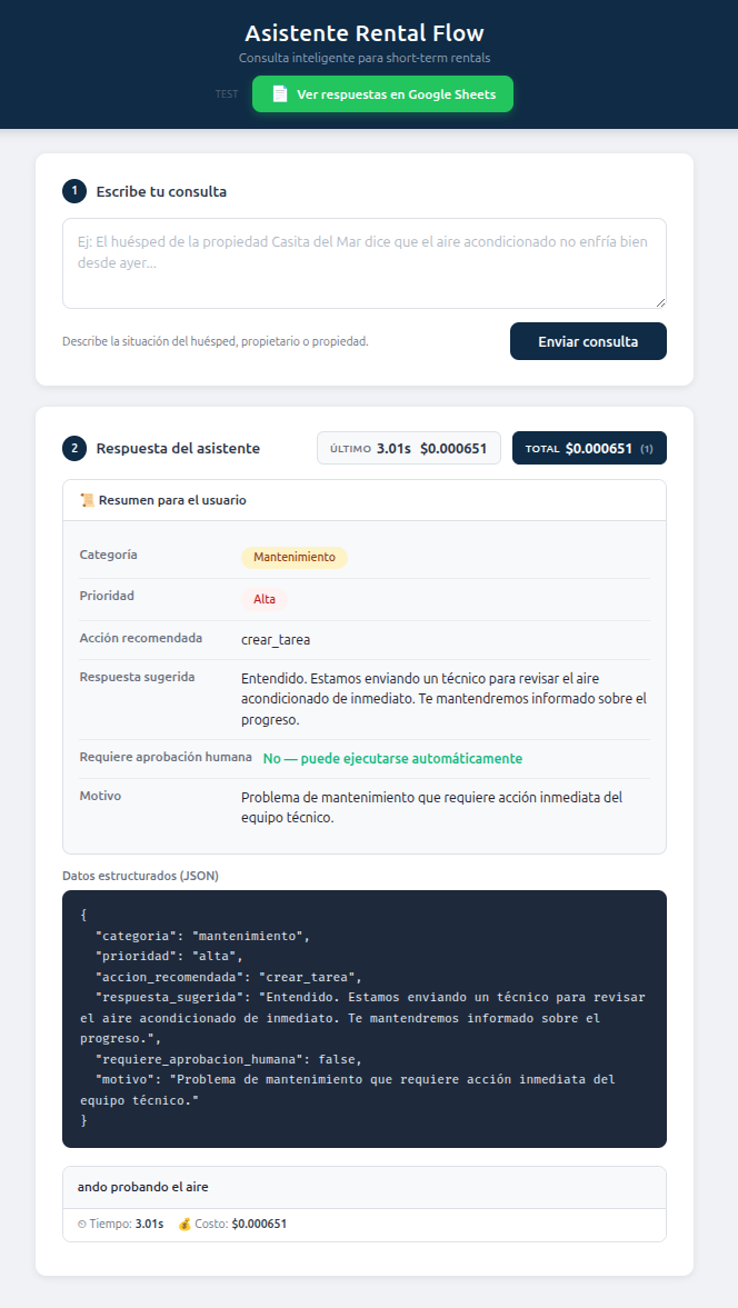 Asistente Rental Flow UI showing structured AI response with category, priority, and JSON output