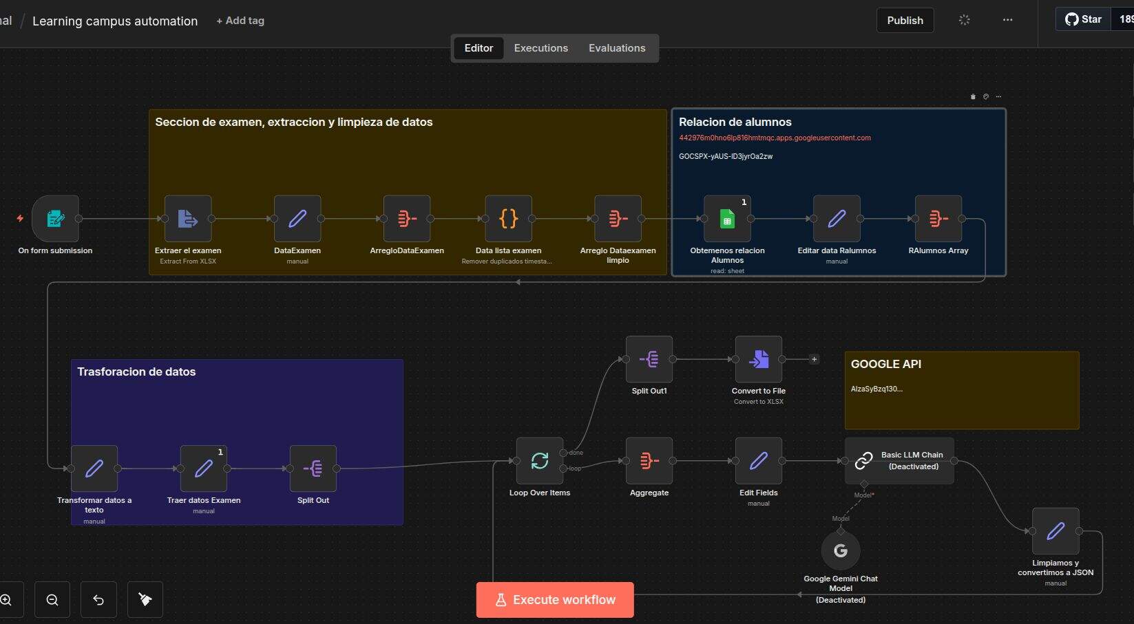 n8n Learning campus automation workflow with exam extraction, student relations, and data transformation sections