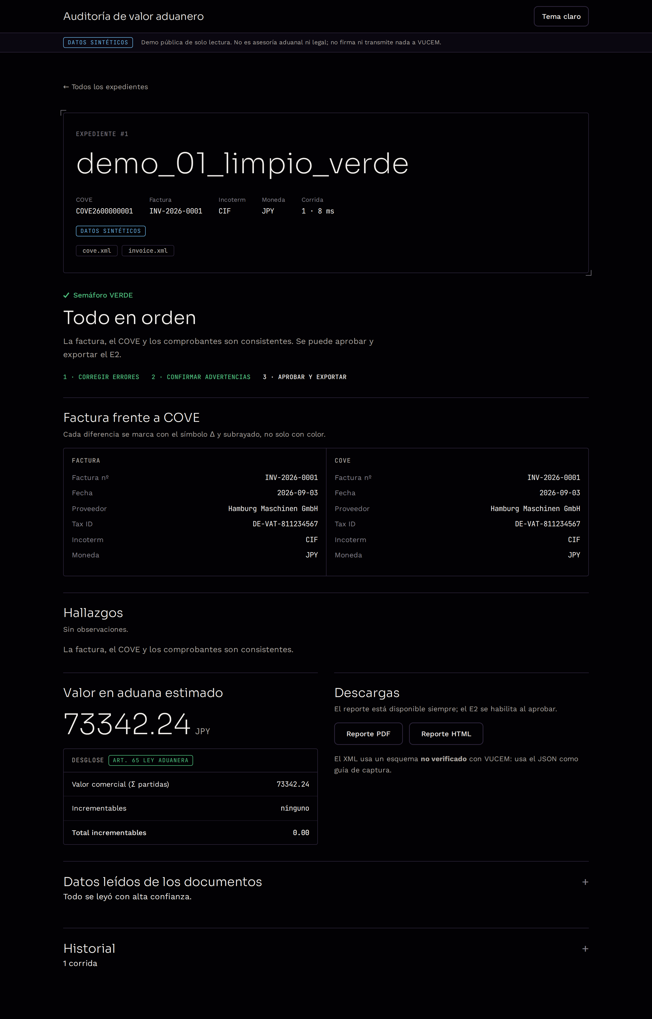 Clean case: invoice and COVE cross-checked, add-ons with their basis, ready to approve